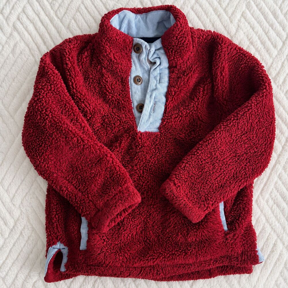 Mini Boden Kids 2-3Y Red Sherpa Fleece Pullover Snap Neck Sweatshirt